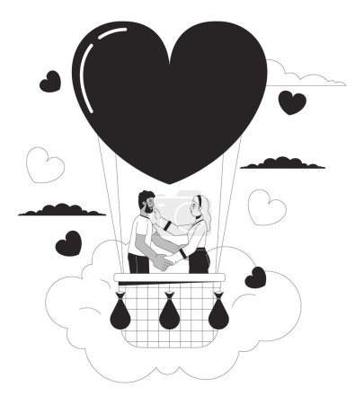 Illustration for Love confession in hot air balloon flight black and white 2D illustration concept. Interracial couple cartoon outline characters isolated on white. Special occasion metaphor monochrome vector art - Royalty Free Image