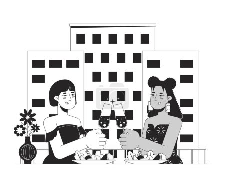 Illustration for Lesbian Valentines day date black and white cartoon flat illustration. In love girlfriends wine glasses clinking 2D lineart characters isolated. Intimate moment monochrome scene vector outline image - Royalty Free Image