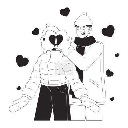 Illustration for Boyfriend covering girlfriend eyes guess who black and white cartoon flat illustration. Cold weather asian couple 2D lineart characters isolated. Romantic winter monochrome scene vector outline image - Royalty Free Image