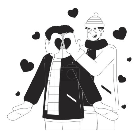 Illustration for Gay man covering boyfriend eyes surprise black and white cartoon flat illustration. Cold weather homosexual couple 2D lineart characters isolated. Romantic winter monochrome scene vector outline image - Royalty Free Image