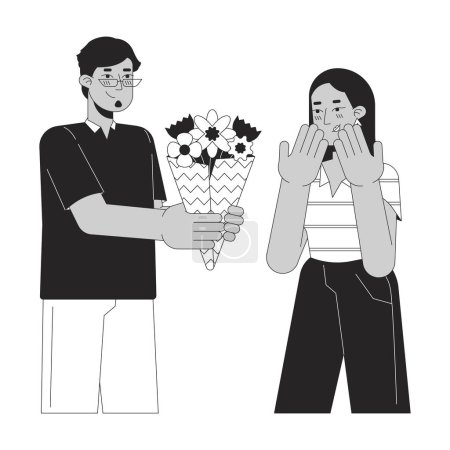 Illustration for Boyfriend giving bouquet flowers to girlfriend black and white cartoon flat illustration. Arab couple heterosexual 2D lineart characters isolated. Romantic monochrome scene vector outline image - Royalty Free Image