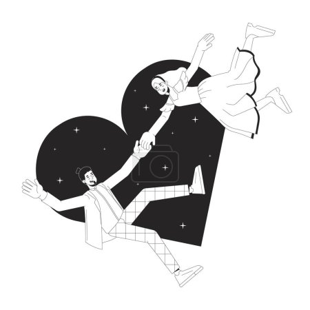 Caucasian couple love first sight black and white 2D illustration concept. European boyfriend girlfriend cartoon outline characters isolated on white. Romantic affection metaphor monochrome vector art