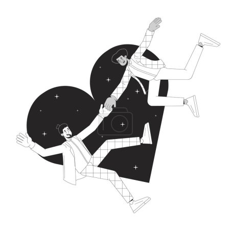 Illustration for Gay men falling at first sight black and white 2D illustration concept. Homosexual boyfriends cartoon outline characters isolated on white. Millennial love relationship metaphor monochrome vector art - Royalty Free Image