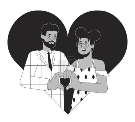 Illustration for African american soulmates 14 february black and white 2D illustration concept. Valentines amorous couple cartoon outline characters isolated on white. Romantic feelings metaphor monochrome vector art - Royalty Free Image