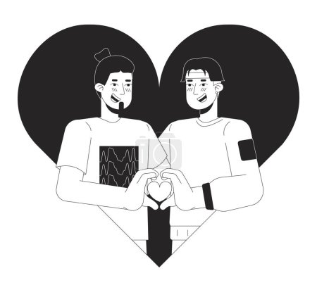 Illustration for Gay men meeting soulmate 14 february black and white 2D illustration concept. Valentine day homosexual couple cartoon outline characters isolated on white. Enamored lgbt metaphor monochrome vector art - Royalty Free Image