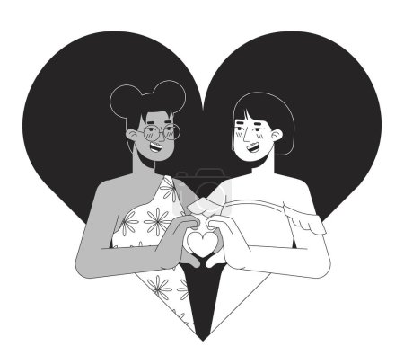 Illustration for Lesbian women meeting soulmate 14 february black and white 2D illustration concept. Valentine day gay female cartoon outline characters isolated on white. Together love metaphor monochrome vector art - Royalty Free Image