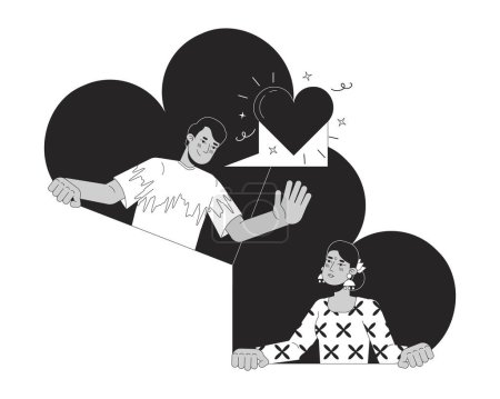 Illustration for Online dating heterosexual couple black and white 2D illustration concept. Indian sweethearts cartoon outline characters isolated on white. Long distance love hearts metaphor monochrome vector art - Royalty Free Image