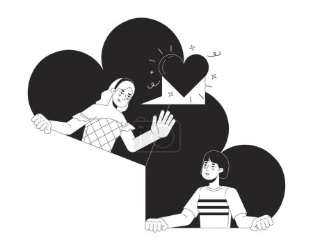 Illustration for Lesbian dating app black and white 2D illustration concept. Girlfriends talking online cartoon outline characters isolated on white. Long distance relations hearts metaphor monochrome vector art - Royalty Free Image