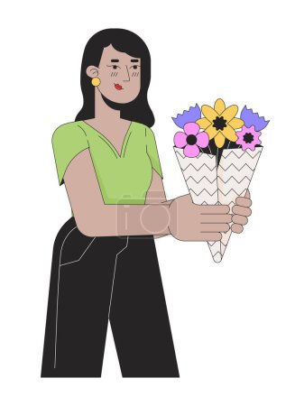 Illustration for Indian young adult woman giving blooming bouquet 2D linear cartoon character. South asian female isolated line vector person white background. Business owner floristry color flat spot illustration - Royalty Free Image