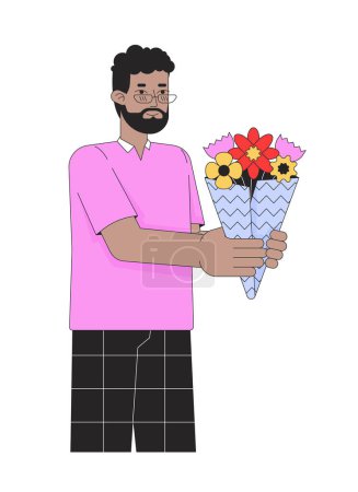 Téléchargez les illustrations : Homme afro-américain tenant bouquet de fleurs personnage de dessin animé linéaire 2D. Noir adulte mâle isolé ligne vecteur personne fond blanc. Boutique de fleurs illustration spot plat couleur client - en licence libre de droit