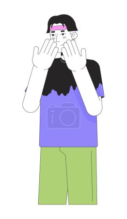 Illustration for Face covering embarrassed korean young man 2D linear cartoon character. Gen z asian male isolated line vector person white background. Expressing positive feeling color flat spot illustration - Royalty Free Image