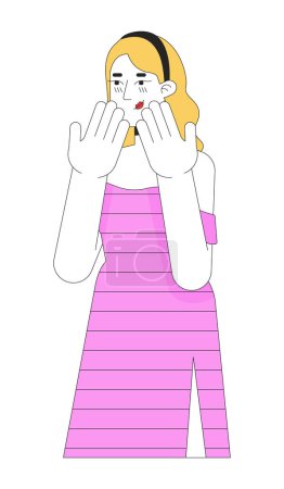 Illustration for Excited shy caucasian young woman 2D linear cartoon character. Blonde european female isolated line vector person white background. Expressing positive feeling color flat spot illustration - Royalty Free Image