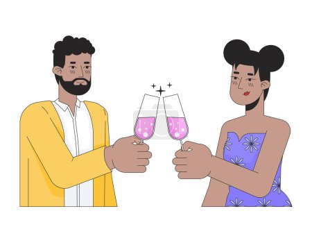Illustration for African-american couple clinking glasses 2D linear cartoon characters. Smitten girlfriend boyfriend isolated line vector people white background. Congratulations champagne color flat spot illustration - Royalty Free Image