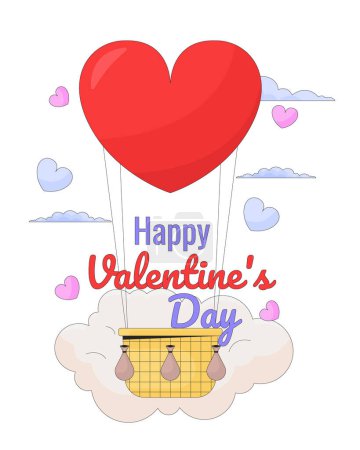 Illustration for Floating hot air balloon on Valentines day ecard greeting card design. Romantic date colorful flat illustration white background. 14 february 2D cartoon vector image, event special occasion postcard - Royalty Free Image