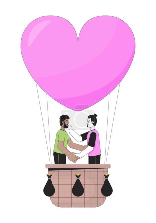 Illustration for Boyfriends floating on hot air balloon 2D linear cartoon characters. Enamored gay men couple isolated line vector people white background. Romantic date ballooning color flat spot illustration - Royalty Free Image