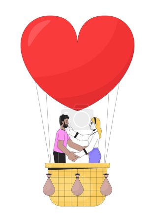 Illustration for Interracial couple floating on hot air balloon 2D linear cartoon characters. Affectionate boyfriend girlfriend isolated line vector people white background. Ballooning color flat spot illustration - Royalty Free Image