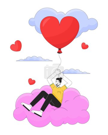 Illustration for Caucasian man flying with balloon in clouds 2D linear cartoon character. Cloudy heart shaped baloon european male isolated line vector person white background. Dreamy color flat spot illustration - Royalty Free Image