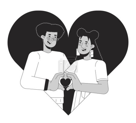 Ilustración de Relación pareja heterosexual hispano negro y blanco concepto de ilustración 2D. Dibujos animados latinoamericanos de San Valentín esbozan personajes aislados en blanco. Metáfora correspondiente arte vectorial monocromo - Imagen libre de derechos