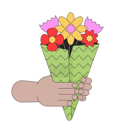 Illustration for Holding bunch of flowers linear cartoon character hands illustration. Women day. Gifting wildflowers bouquet outline 2D vector image, white background. Carrying floral gift editable flat color clipart - Royalty Free Image