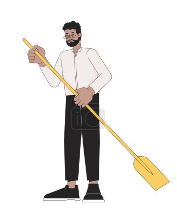 Illustration for Formal wear black adult man holding paddle 2D linear cartoon character. African american male isolated line vector person white background. Water activity paddleboarding color flat spot illustration - Royalty Free Image