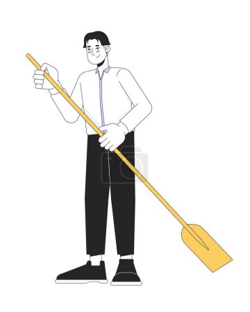 Illustration for Formal wear korean man holding paddle 2D linear cartoon character. Asian young male isolated line vector person white background. Water activity paddleboarding color flat spot illustration - Royalty Free Image