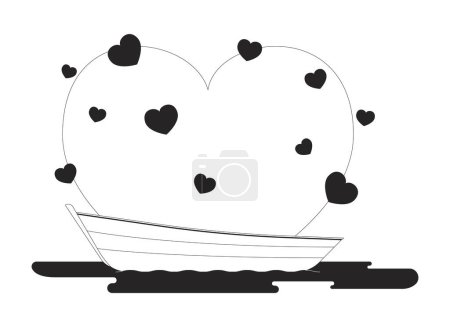 Illustration for Date night on boat black and white 2D line cartoon object. Honeymoon boat riding isolated vector outline item. Romance on lake. Romantic scenery hearts water monochromatic flat spot illustration - Royalty Free Image