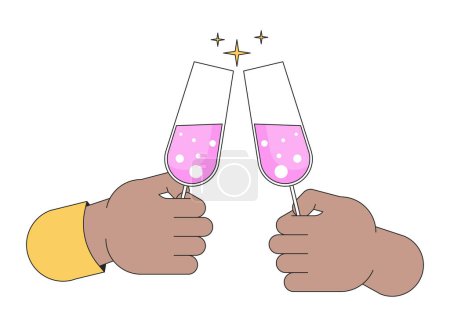 Téléchargez les illustrations : Champagne verres cliquetis linéaire dessin animé personnage mains illustration. verres à vin alcoolisés grille contour image vectorielle 2D, fond blanc. Sparkle acclamations modifiable clipart de couleur plate - en licence libre de droit