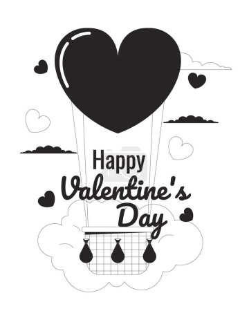 Illustration for Float hot air balloon on Valentines day monochrome greeting card vector. Romantic date black and white illustration greetingcard. 14 february 2D outline cartoon ecard, special occasion postcard image - Royalty Free Image