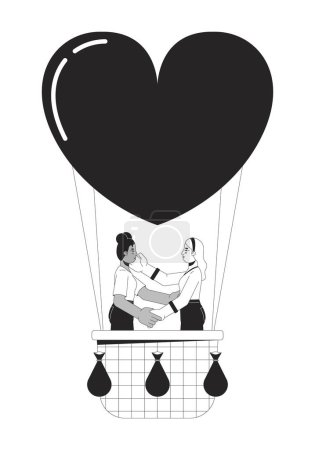 Illustration for Girlfriends floating on hot air balloon black and white 2D line cartoon characters. Loving lesbian couple isolated vector outline people. Romantic date ballooning monochromatic flat spot illustration - Royalty Free Image