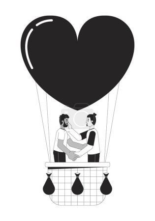 Ilustración de Los novios flotando en el globo de aire caliente en blanco y negro 2D personajes de dibujos animados de línea. Enamorado gay hombres pareja aislado vector contorno personas. Fecha romántica globo monocromático plano punto ilustración - Imagen libre de derechos