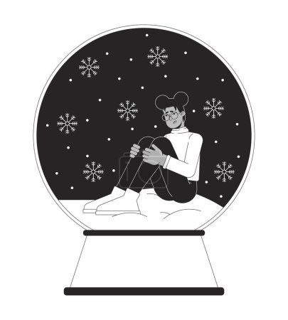 Illustration for Xmas holiday depression black and white 2D illustration concept. Tired african american woman cartoon outline character isolated on white. Christmas stress snow globe metaphor monochrome vector art - Royalty Free Image