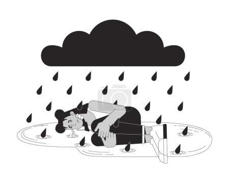 Illustration for Winter blues sad woman black and white 2D illustration concept. Latina woman depressed crying cartoon outline character isolated on white. Seasonal affective disorder metaphor monochrome vector art - Royalty Free Image