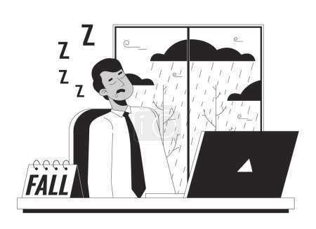 SAD fatigue workplace black and white cartoon flat illustration. Sluggish tired employee male 2D lineart character isolated. Seasonal affective disorder symptom monochrome scene vector outline image