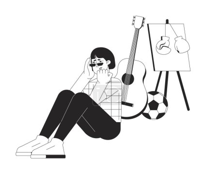 Lack of interest in hobbies black and white cartoon flat illustration. Anhedonia. Indifferent woman 2D lineart character isolated. Seasonal affective disorder monochrome scene vector outline image