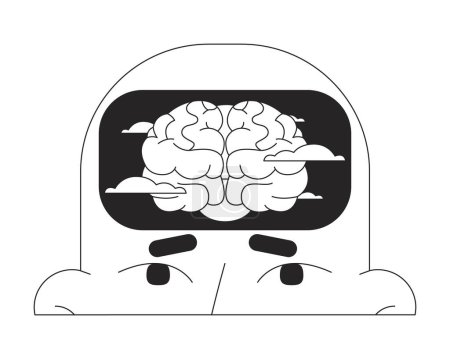 Illustration for Brain fog black and white 2D illustration concept. Fatigue mental clouds cartoon outline character head isolated on white. Burnout syndrome. Seasonal affective disorder metaphor monochrome vector art - Royalty Free Image