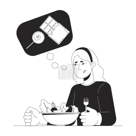 Illustration for Sweet tooth depression black and white 2D illustration concept. Sugar cravings woman with salad cartoon outline character isolated on white. Seasonal affective disorder metaphor monochrome vector art - Royalty Free Image