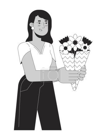 Illustration for Indian young adult woman giving blooming bouquet black and white 2D line cartoon character. South asian female isolated vector outline person. Floristry owner monochromatic flat spot illustration - Royalty Free Image