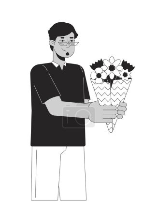 Illustration for Eyeglasses arab man gifting bouquet flowers black and white 2D line cartoon character. Middle eastern adult male isolated vector outline person. Flower shop client monochromatic flat spot illustration - Royalty Free Image