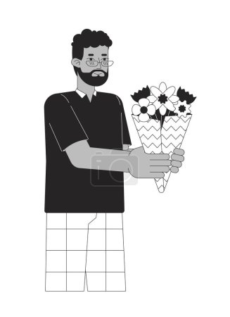 Téléchargez les illustrations : Homme afro-américain tenant bouquet de fleurs noir et blanc personnage de dessin animé ligne 2D. Noir adulte mâle isolé vecteur contour personne. Fleuriste client monochrome plat spot illustration - en licence libre de droit