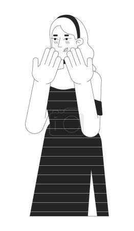 Illustration for Excited shy caucasian young woman black and white 2D line cartoon character. Blonde european female isolated vector outline person. Expressing positive feeling monochromatic flat spot illustration - Royalty Free Image