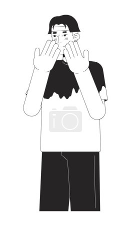 Illustration for Face covering embarrassed korean young man black and white 2D line cartoon character. Gen z asian male isolated vector outline person. Expressing positive feeling monochromatic flat spot illustration - Royalty Free Image