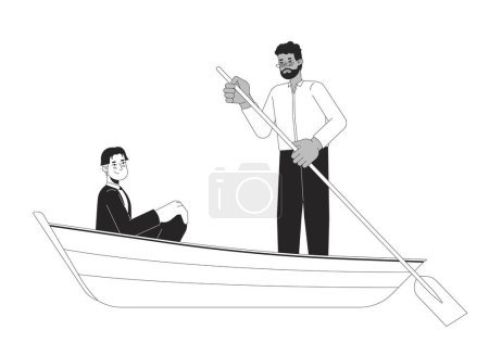 Ilustración de Interracial gay los hombres en romántico barco paseo en blanco y negro 2D línea de dibujos animados personajes. Afectuosa pareja homosexual aislado vector delinear a las personas. Lago romance monocromático plano punto ilustración - Imagen libre de derechos