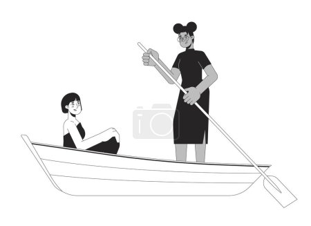 Illustration for Lesbian couple on romantic boat ride black and white 2D line cartoon characters. First date love. Enamored gay women isolated vector outline people. Lake romance monochromatic flat spot illustration - Royalty Free Image