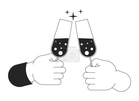 Illustration for Champagne glasses clinking cartoon human hands outline illustration. Alcoholic wineglasses toasting 2D isolated black and white vector image. Sparkle cheers flat monochromatic drawing clip art - Royalty Free Image