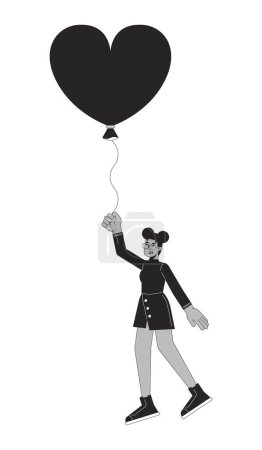 Téléchargez les illustrations : Africaine américaine fille volant avec ballon dans les mains noir et blanc personnage de dessin animé ligne 2D. Coeur en forme de ballon noir femelle isolée vecteur contour personne. Illustration monochromatique des taches plates - en licence libre de droit
