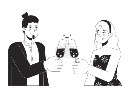 Illustration for Caucasian white couple clinking glasses black and white 2D line cartoon characters. Deeply in love sweethearts isolated vector outline people. Toasting monochromatic flat spot illustration - Royalty Free Image