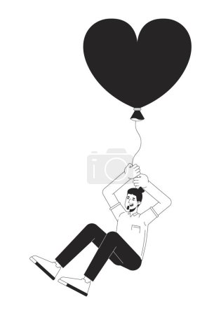 Ilustración de Hombre adulto caucásico volando con globo en las manos personaje de dibujos animados de línea 2D en blanco y negro. Balón en forma de corazón europeo vectorial aislado hombre contorno persona. Ilustración plana monocromática de ensueño - Imagen libre de derechos