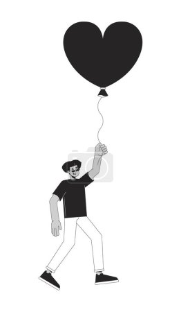 Téléchargez les illustrations : Homme hispanique volant avec ballon dans les mains noir et blanc personnage de bande dessinée ligne 2D. Coeur en forme de ballon mâle latino-américain isolé vecteur contour personne. Illustration de tache plate monochromatique rêveuse - en licence libre de droit