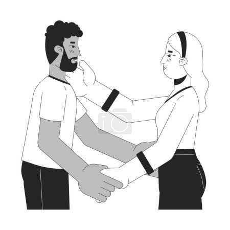 Illustration for Interracial heterosexual lovers embrace black and white 2D line cartoon characters. Affectionate sweethearts isolated vector outline people. Intimate bonding monochromatic flat spot illustration - Royalty Free Image