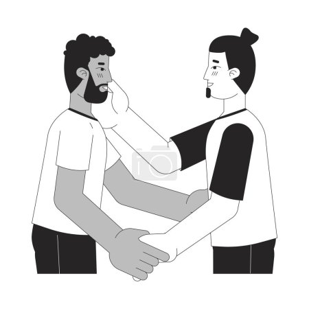 Illustration for Gay men lovers embrace black and white 2D line cartoon characters. Passionate homosexual couple isolated vector outline people. I love you. Intimate bonding monochromatic flat spot illustration - Royalty Free Image